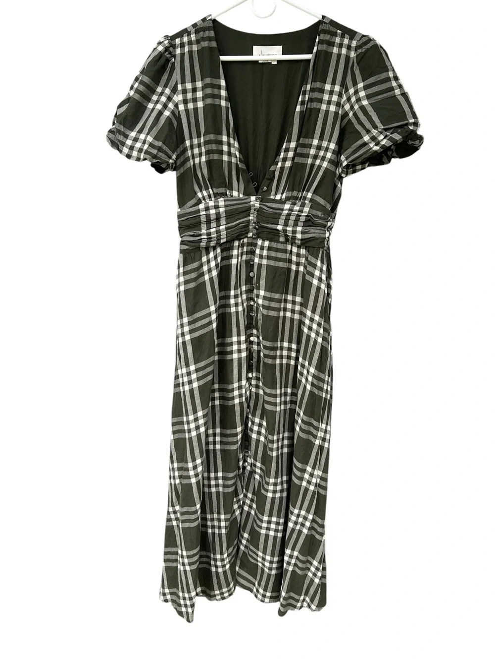 Anthropologie Katerina Button-Front Plaid Puff-Sleeve Midi Dress L - 100% Cotton - Picture 2 of 15